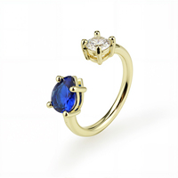 Bague en laiton plaqué or 14 carats de qualité supérieure avec saphir en forme de goutte et double pierres de zircone pour anniversaire