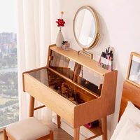 Ensemble coiffeuse en bois massif avec miroir rond et tabouret, table de maquillage nordique pour chambre à coucher avec étagère ouverte
