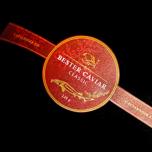 Étiquettes personnalisées en papier artistique holographique rouge durable avec dorure à chaud pour l'emballage du caviar, des aliments pour animaux et des collations - Product Image 1
