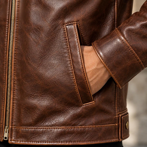 Veste moto en cuir véritable marron pour homme, col rabattu, fermeture éclair, coupe classique, style automne - Product Image 2