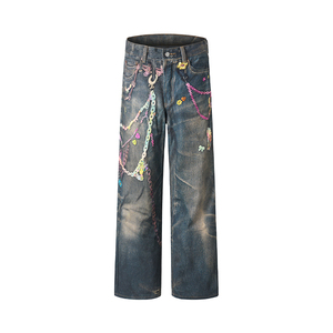 <span class=keywords><strong>Jean</strong></span> noir ample à jambe large pour homme avec imprimé chaîne bonbon, denim délavé vintage pour le streetwear - Product Image 5