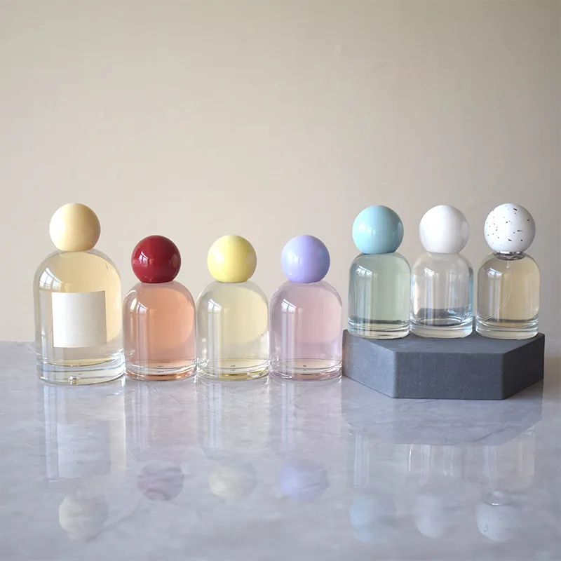 Frasco de perfume de vidro redondo luxuoso com tampa de bola, frasco de perfume exclusivo com caixa, preço de fábrica de 30ml, 50ml e 100ml