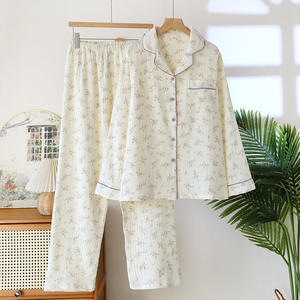 Dames katoenen mousseline pyjamaset, lange mouwen, knoopshirt en broek, <span class=keywords><strong>2</strong></span>-delig, schattig bedrukt pyjama, RUS Hot Sale, designer custom OEM - Product Image 2