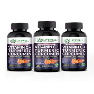 Livewell Vitamina C, Cúrcuma, Curcumina y Bioperina, 180 Tabletas, Paquete Triple, Alta Potencia, Apoyo Inmunológico - Product Image 1
