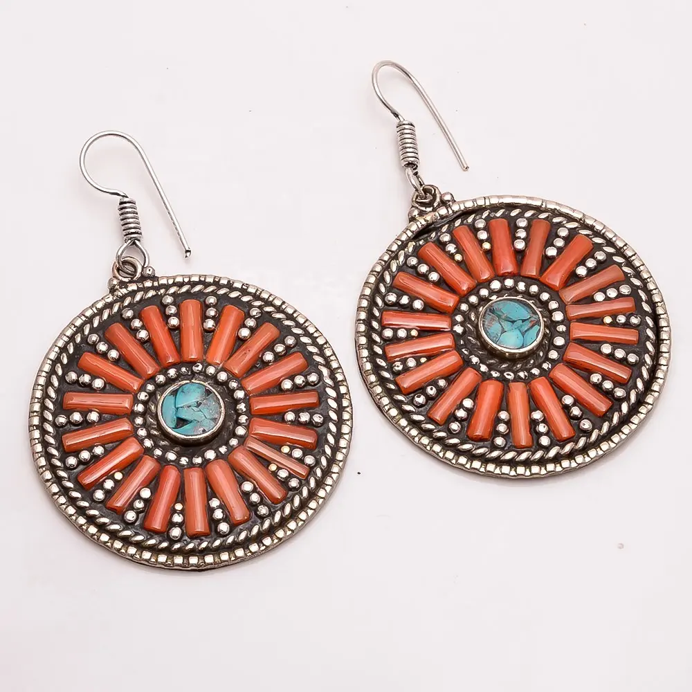 Natural Turquoise Coral Gemstone Earrings, Tibetan Silver Nepali Handmade Earrings, Antique Jewelry