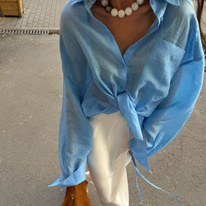 Nuovo arrivo 2025 <span class=keywords><strong>blu</strong></span> trasparente abbigliamento da donna camicie Casual alla moda manica lunga camicia trasparente per le donne con allacciatura - Product Image 3
