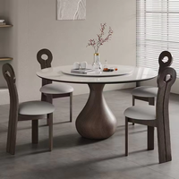 Table à manger ronde moderne extensible en pierre frittée avec plateau tournant, base en bois, design minimaliste pour la maison et l'hôtel