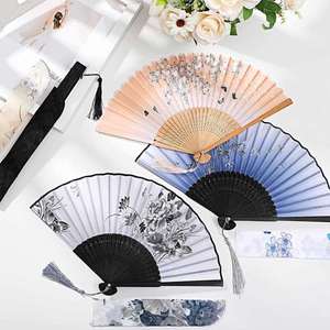 Lady's Folding Hand Fan Retro Chinese Bamboo <b>Silk</b> for Hot Flash Church Decoration EDM Music Festival Grey <b>Red</b> Buds - Product Image 2