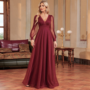 Impereo vendita calda bordeaux manica lunga con scollo A V <span class=keywords><strong>abiti</strong></span> in Chiffon di lusso <span class=keywords><strong>donna</strong></span> abito da sera <span class=keywords><strong>laurea</strong></span> A-Iine - Product Image 1