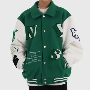 High Quality Wool Bomber Green Hip Hop Streetwear Custom Towel Embroidery Patches Letterman Baseball Varsity Jackets