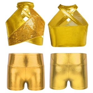 Girls Two Piece Dance Outfit Halter <b>Crop</b> <b>Top</b> <b>Sequin</b> Metallic Crisscross High Waist Shorts Sets Cheer Gymnastics Costume Custom - Product Image 5