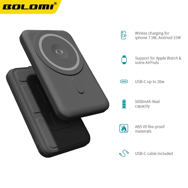 BOLOMI-WP20A/WP21A Private Mold 3 in 1 Wireless Magnetic Power Bank 5000-10000mAh Support Charging Watch Airpods Foldable Stand