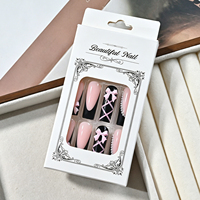 24 faux ongles longs carrés faits à la main, à presser, avec pointe française noire, ligne croisée rose, nœud 3D, perle, style Coquette Gothique
