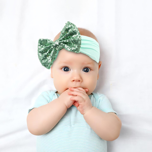 Bán Buôn Bé Cô Gái Tóc Phụ Kiện Đan Rộng Co Giãn Mềm Mại Nylon Shiny Sequins Bow Turban <span class=keywords><strong>Headband</strong></span> Cho Trẻ Sơ Sinh - Product Image 1