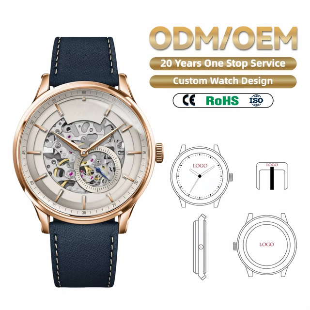 OEM ODM Custom Watches with Logo Branding Miyota 8N40 Automatic Mechanical Wristwatch Skeleton Rose Gold Sapphire Leather