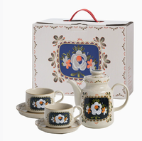 Coffret cadeau fait main en céramique de style vintage Tasse soucoupe Tasse à café Thé Cafetière Camélia Service à café