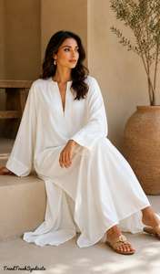 Premium Womens Linen/Cotton Kaftan <b>Maxi</b> <b>Dress</b> Pintuck Front V-neck Short Sleeve Wide Cuff Side Slit A-Line Silhouette - Product Image 2