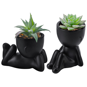 Black Humanoid Succulent <b>Planters</b> Desk Decor Set of 2 Indoor <b>Plastic</b> Durable Artistic Design - Product Image 1