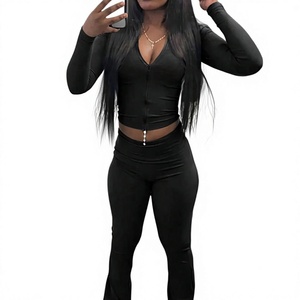 Ensemble Legging et Crop Top Noir à Manches Longues et Col en V pour Femme, Taille Haute, Sexy, Tenue de Club, Effet Ventre Plat, Amincissant, Coupe Ajustée Longueur Entière - Product Image 1