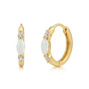 Sterling Silver Hoop <b>Earrings</b> with <b>Opal</b> Round Brilliant Cut Claw Set for Women's Engagement Everyday Wear-Classic Luxury Design - Product Image 1