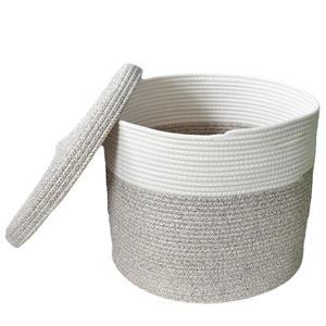 Grand panier à <span class=keywords><strong>linge</strong></span> en <span class=keywords><strong>corde</strong></span> de coton avec couvercle, bac de rangement tressé gris et blanc, organisateur de jouets, panier à <span class=keywords><strong>linge</strong></span>, boîte de rangement pour chambre d'enfant - Product Image 2