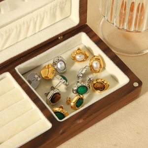 ต่างหูแบบติดหู ทอง 18k ไทเทเนียมสตีล ฝังหินธรรมชาติ รูปทรงวงรี ดีไซน์เรขาคณิต ใส่ได้ทุกวัน แบบฝังขอบ TE6720 - Product Image 2