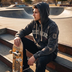 Sweat à capuche zippé personnalisé pour homme, délavé à l'acide, effet usé et déchiré, en coton épais, avec motif Rebel Heart, logo personnalisé, OEM - Product Image 3
