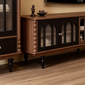 Vintage Gothic Style Wooden TV Stand & <b>Tall</b> <b>Cabinet</b> Set with Glass Doors for Living Room - Product Image 4
