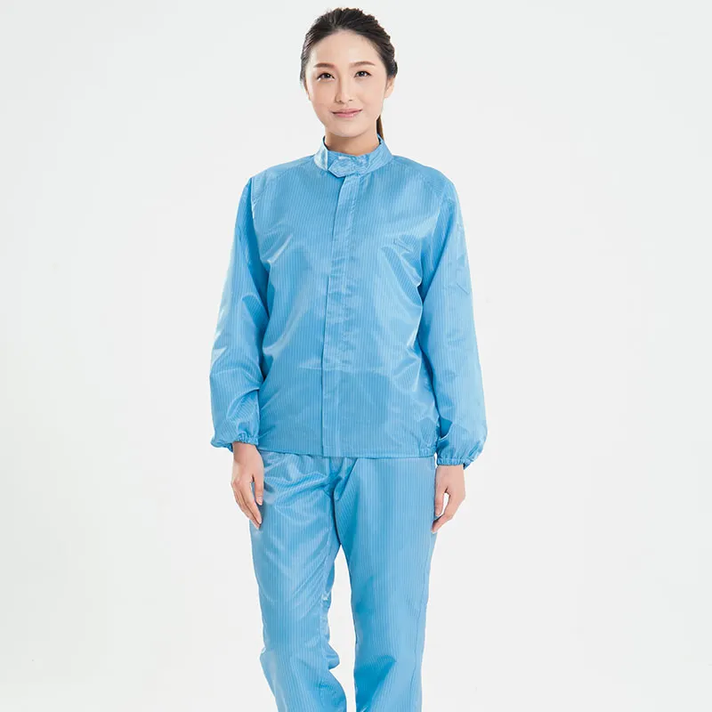 食品工場用のカスタマイズされた帯電防止防塵服ESD衣服つば付き0.5ストライプ帯電防止カバーオール