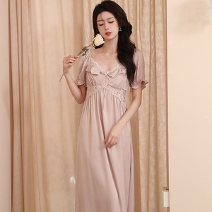 Ropa de Dormir de Seda para Mujer, Talla Grande, Pijama Sexy con Encaje, Camisón Largo con Mangas Cortas - Product Image 2