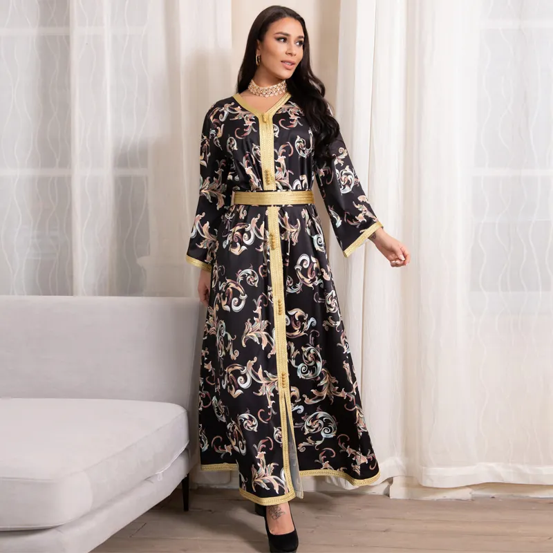 2021 Ramadan Eid Abaya Vestido Floral Preto Para As Mulheres Dubai Caftan Marroquino Turquia Árabe Jalabiya Islâmico Muçulmano Roupas