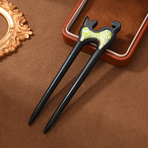 Épingle à cheveux double en bois style ancien, motif brocart culturel et créatif rétro en ébène, simple et haut de gamme, pour coiffure Hanfu - Product Image 2