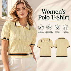 เสื้อโปโลถักไหมพรมสีเหลืองสำหรับผู้หญิง สไตล์ Old Money แขนสั้น เสื้อกอล์ฟ รับทำโลโก้ตามสั่ง OEM แบรนด์ส่วนตัว เสื้อถัก - Product Image 1