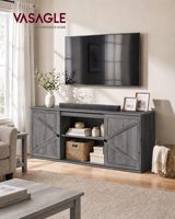 Meuble TV gris style farmhouse de 58 pouces avec portes coulissantes, 2 étagères réglables et 6 trous pour câbles, console multimédia pour téléviseurs jusqu'à 65 pouces