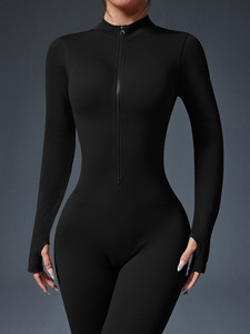 Popolare <span class=keywords><strong>tuta</strong></span> sportiva a filettoni spessi per donna con cerniera per il pollice fori aderenti a maniche lunghe con colletto rialzato Yoga - Product Image 2