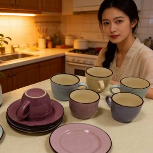 Tasses et soucoupes en céramique réactive écologiques de style rétro pour cadeaux d'affaires / Tasse et soucoupe géantes / Tasse à thé et soucoupe - Product Image 4