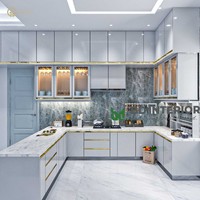 Set Perlengkapan Dapur Modular Manufaktur OEM, Kabinet Dapur, Meja Porselen dengan Lampu LED dan Rak Bumbu