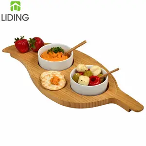 Leaf Bamboo Serving Tray with Two Removabl Bowls & Spoons