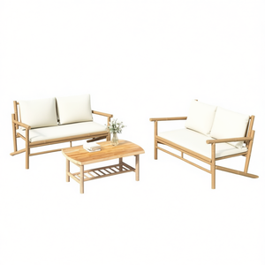 Ensemble de salon de jardin en bambou 4 places, mobilier d'extérieur résistant aux intempéries, style tropical, structure en bois massif, coussins blanc crème - Product Image 1