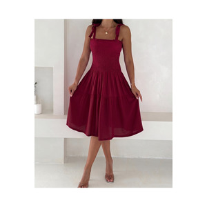 Women's Burgundy Summer <b>Dress</b> Square Collar Ruffled Skirt <b>Elastic</b> Waist Breathable Viscose Daily Casual 100 Cm - Product Image 6
