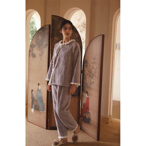 Set <span class=keywords><strong>pigiama</strong></span> stile cinese retrò autunno-inverno da donna | <span class=keywords><strong>Pile</strong></span> composito Jacquard tulipano, bottone a rana, <span class=keywords><strong>pile</strong></span> ispessito, elegante - Product Image 1