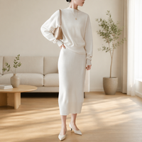 Ensemble deux pièces en tricot pour femmes, haut ample à manches trois quarts, jupe longue mi-longue à taille haute, 100% cachemire, motif géométrique