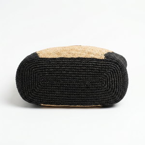Sac cabas en raphia à panneaux noir et naturel, couleur unie, fermeture éclair, style bohème, sac de shopping toutes saisons - Product Image 3