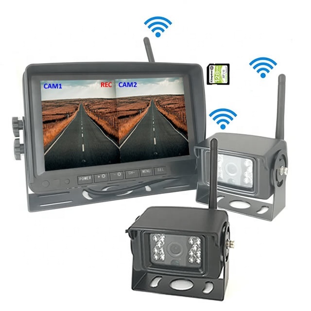 AHD 720P Forklift Wireless Camera Front System 2pcs Waterproof Cameras Kit with 7 Inch 2CH Recorded Monitor for Bus Truck Heavy