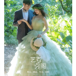 Forest Themed Green Tulle Ball Gown Strapless Empire Waist Wedding Dress For Photography And Portrait Sessions - Product Image 2