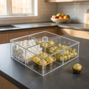 Contenedor de Alimentos Acrílico Cuadrado Transparente con Tapa, 4 Compartimentos, Caja de Almacenamiento Multifuncional para Uso en la Cocina, Regalo para Ramadán Eid - Product Image 1