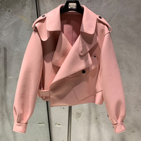 Veste en cuir d'agneau véritable de luxe pour femmes, veste de motard à col oversize et coupe courte