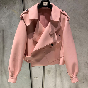 Chaqueta de Cuero de Piel de Oveja Auténtica de Lujo para Mujer, Chaqueta Corta con Solapa Grande Estilo Motero - Product Image 5