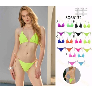 Costume da bagno bikini HDJ verde neon con laccetti laterali e allacciatura al collo, elasticizzato, tinta unita, taglie 40 42 44 46 - Product Image 3