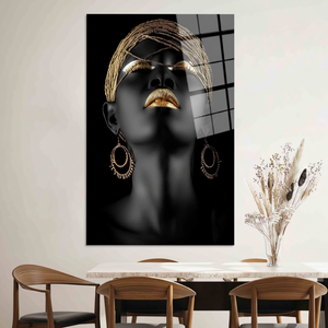 Toile imprimée : Art élégant de femme noire aux lèvres dorées, ART SUR VERRE TÉRMÉRISÉ - Product Image 2